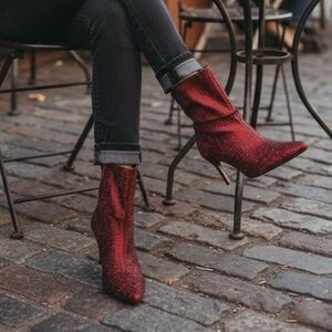 NWT Torrid Red Rhinestone Slouch Boots Size 10W Wide Pointed Toe Kitten Heel